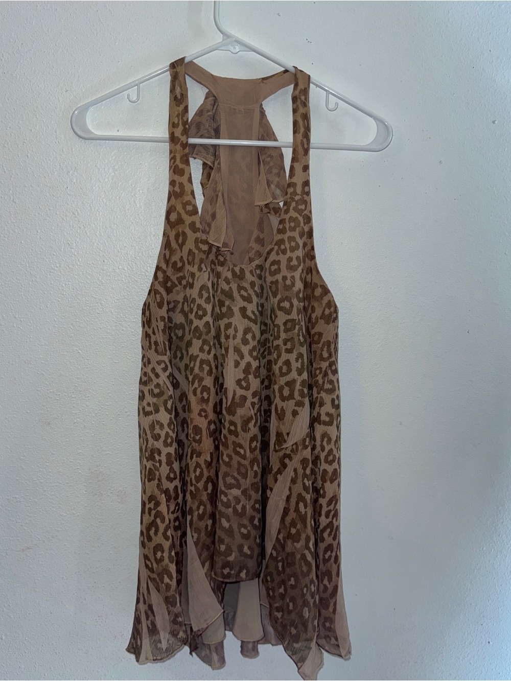 Guess by Marciano Brown Leopard-Print Ruffle Tank, chiffon lined, flowy, Sz S